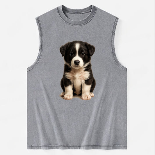Baby Border Collie Puppy - black and white, intense smart eyes, athletic - Vintage Washed Tank - Grey