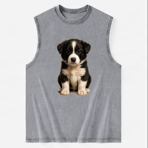 Baby Border Collie Puppy - black and white, intense smart eyes, athletic - Vintage Washed Tank