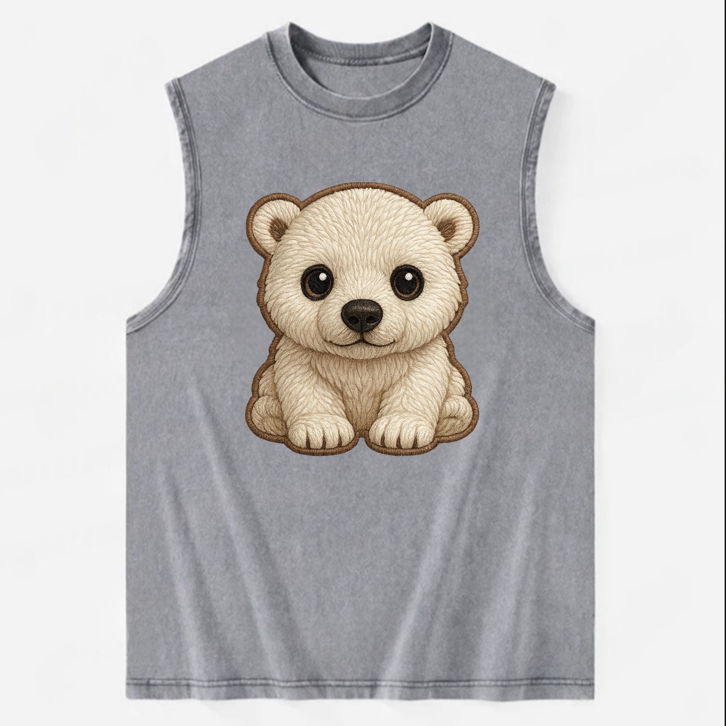 Baby Polar Bear Cub - white fluffy, black nose, dark curious eyes, - Vintage Washed Tank - Grey