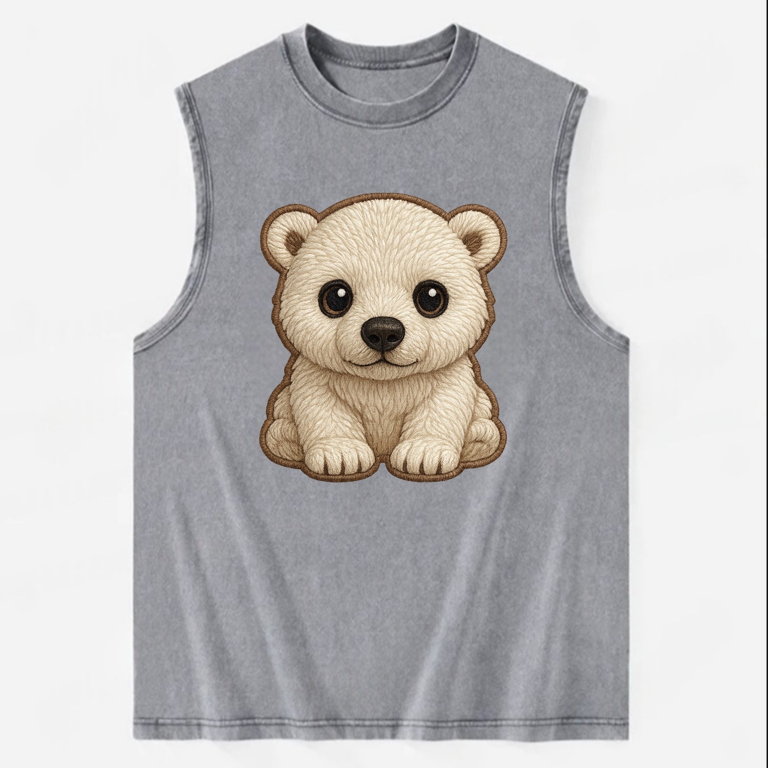 Baby Polar Bear Cub - white fluffy, black nose, dark curious eyes, - Vintage Washed Tank - Grey