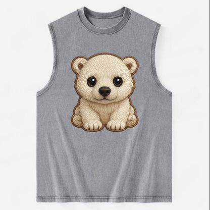 Baby Polar Bear Cub - white fluffy, black nose, dark curious eyes, - Vintage Washed Tank - Grey