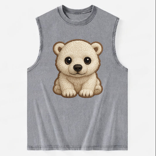 Baby Polar Bear Cub - white fluffy, black nose, dark curious eyes, - Vintage Washed Tank - Grey