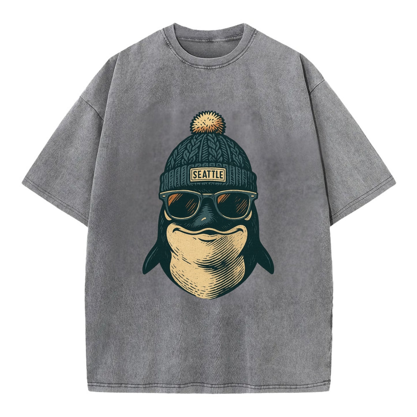 Washington Orca wearing Seattle beanie with pom pom and wayfarer sunglasses - Vintage T-shirt - Grey