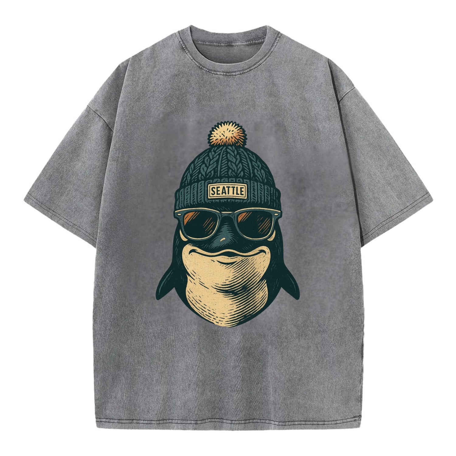 Washington Orca wearing Seattle beanie with pom pom and wayfarer sunglasses - Vintage T-shirt - Grey