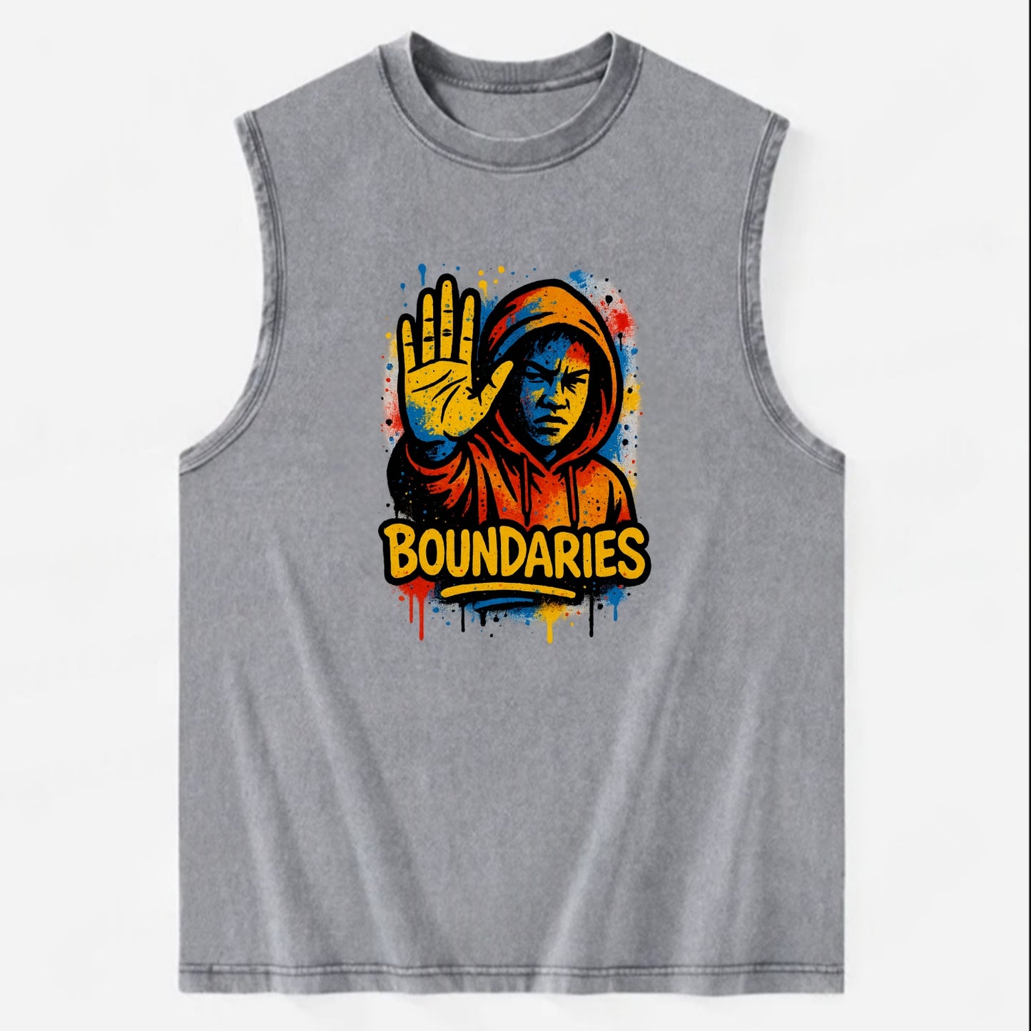 Person holding up hand in "stop" gesture - setting boundaries concept, - Vintage Washed Tank - Grey