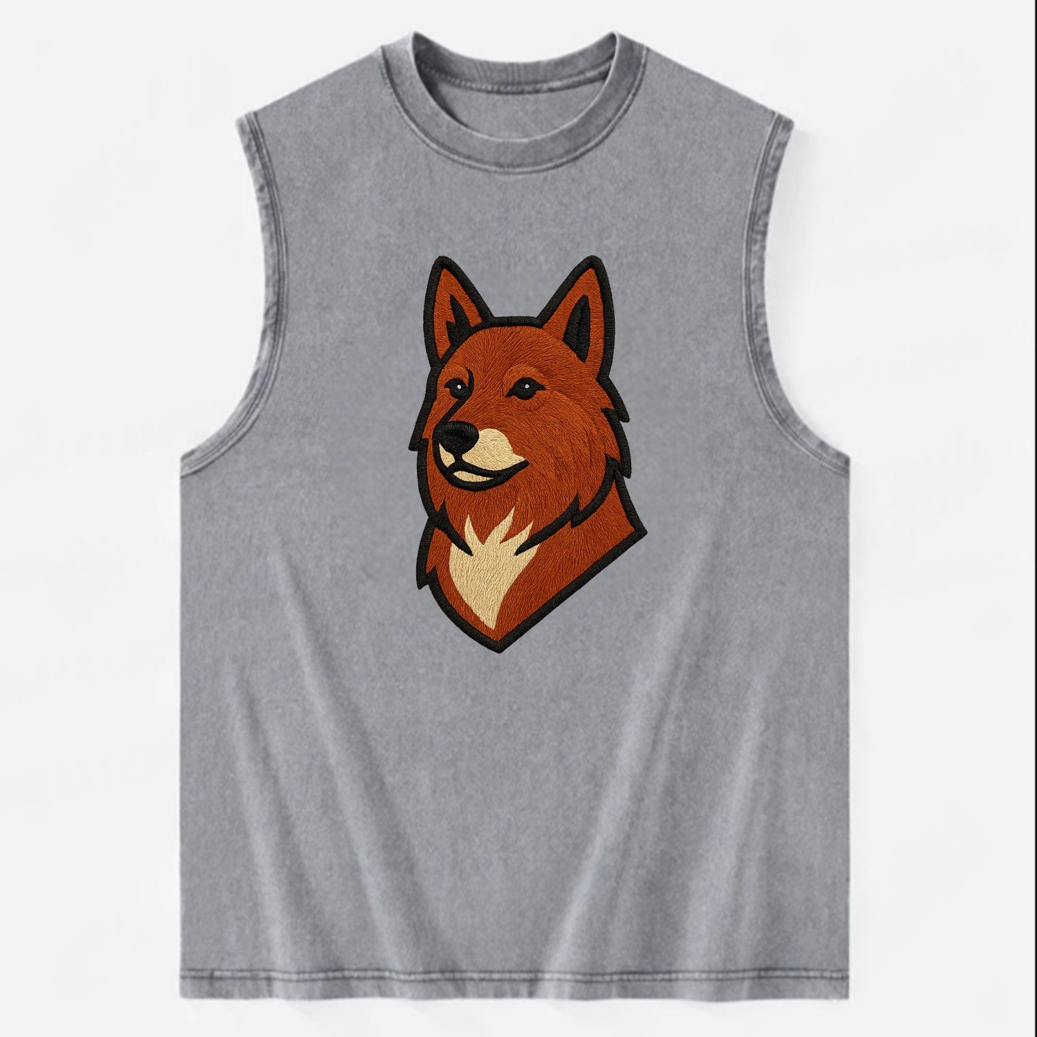 Finnish Spitz - Fox-red pointed ears embroidered pose - Vintage Washed Tank - Grey
