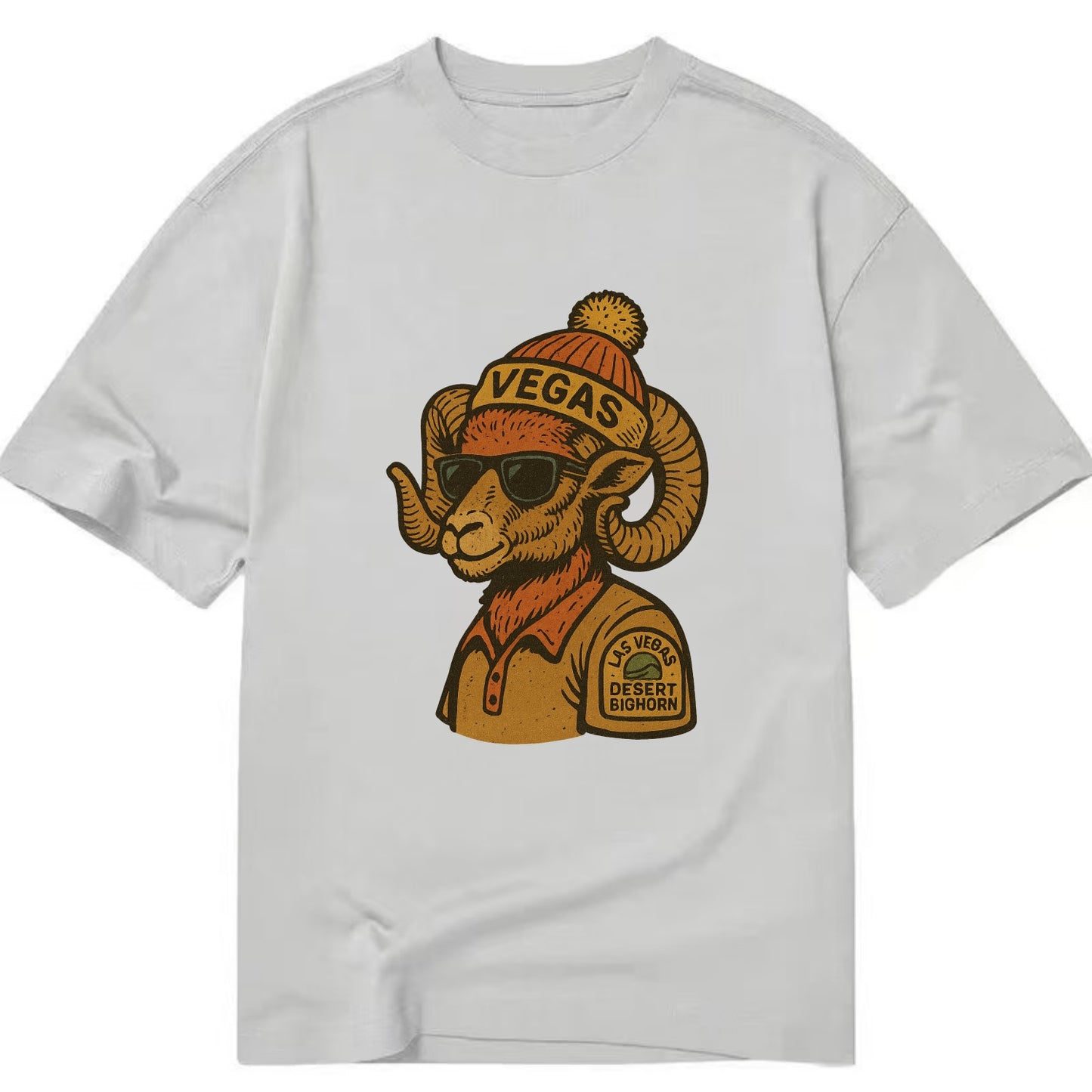 Las Vegas Desert Bighorn wearing Vegas beanie with pom pom and wayfarer sunglasses - Classic T-shirt - Grey