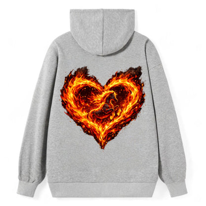 HEART OF FIRE | Flaming heart with horse silhouette inside | Passion - Classic Pullover Hoodie - Grey