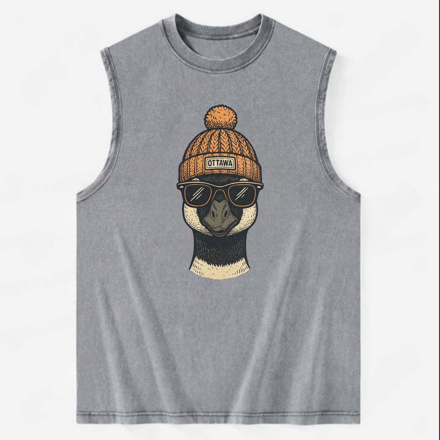 Ottawa Canadian Goose wearing Ottawa beanie with pom pom and wayfarer - Vintage Washed Tank - Grey