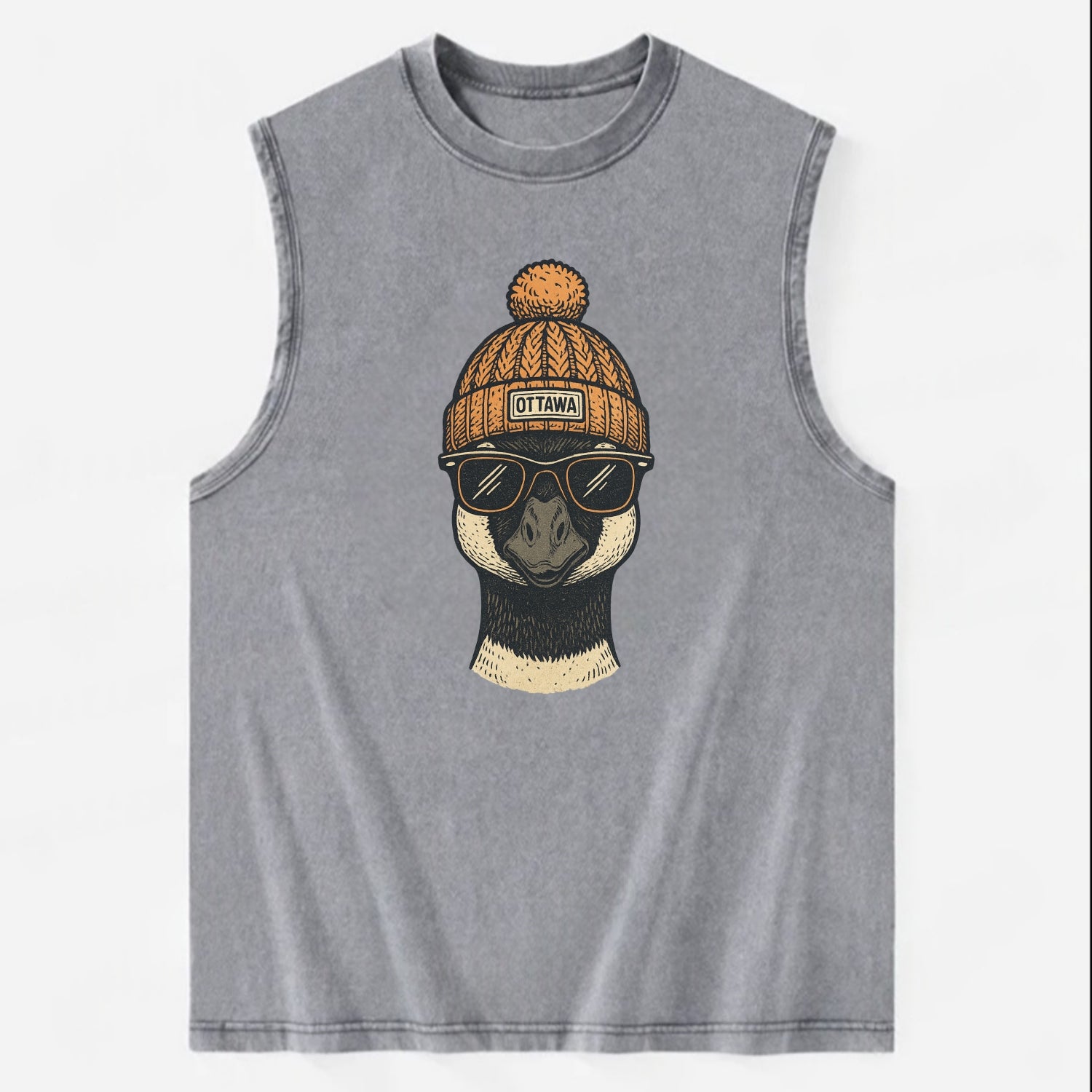 Ottawa Canadian Goose wearing Ottawa beanie with pom pom and wayfarer - Vintage Washed Tank - Grey