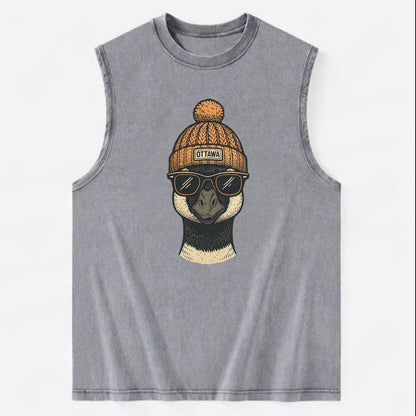 Ottawa Canadian Goose wearing Ottawa beanie with pom pom and wayfarer - Vintage Washed Tank - Grey