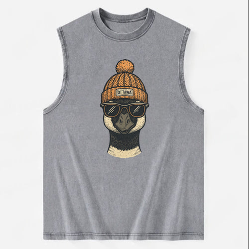 Ottawa Canadian Goose wearing Ottawa beanie with pom pom and wayfarer - Vintage Washed Tank