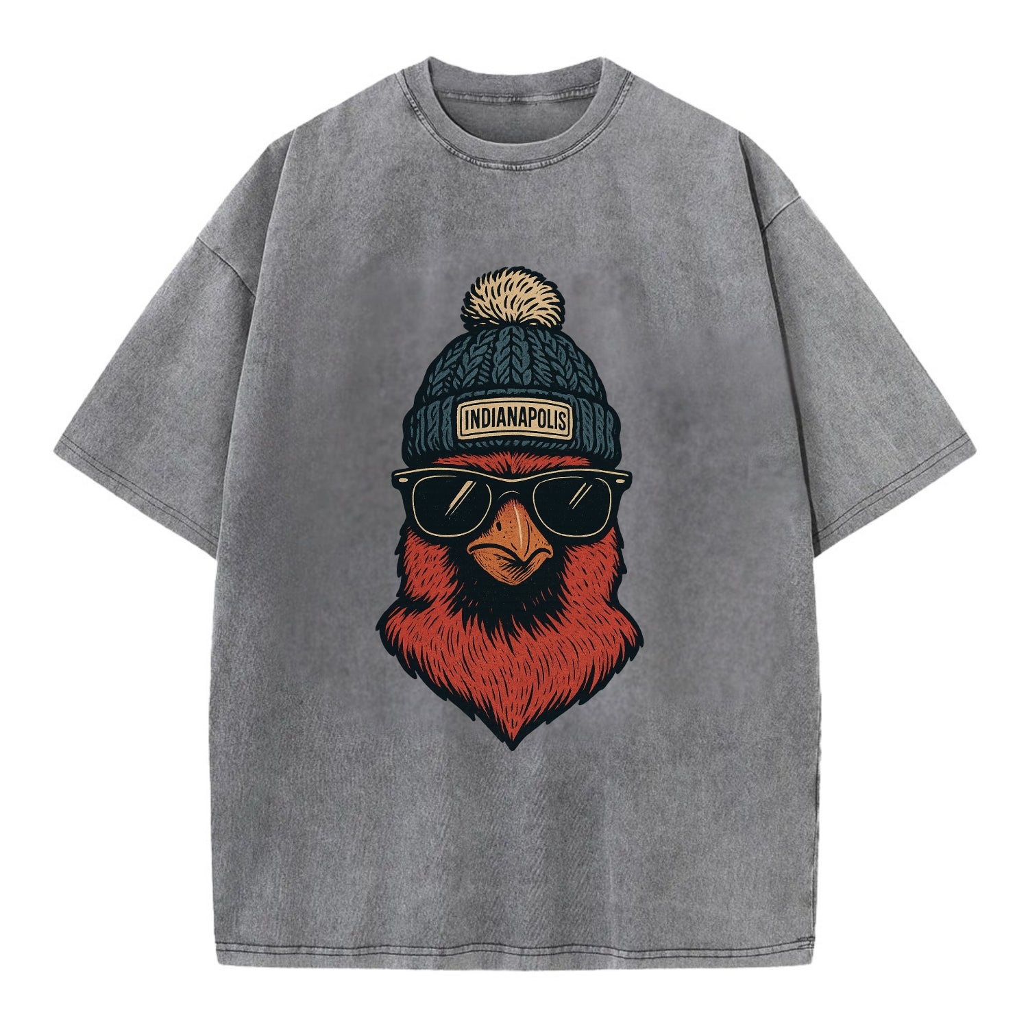 Indiana Cardinal wearing Indianapolis beanie with pom pom and wayfarer sunglasses - Vintage T-shirt - Grey