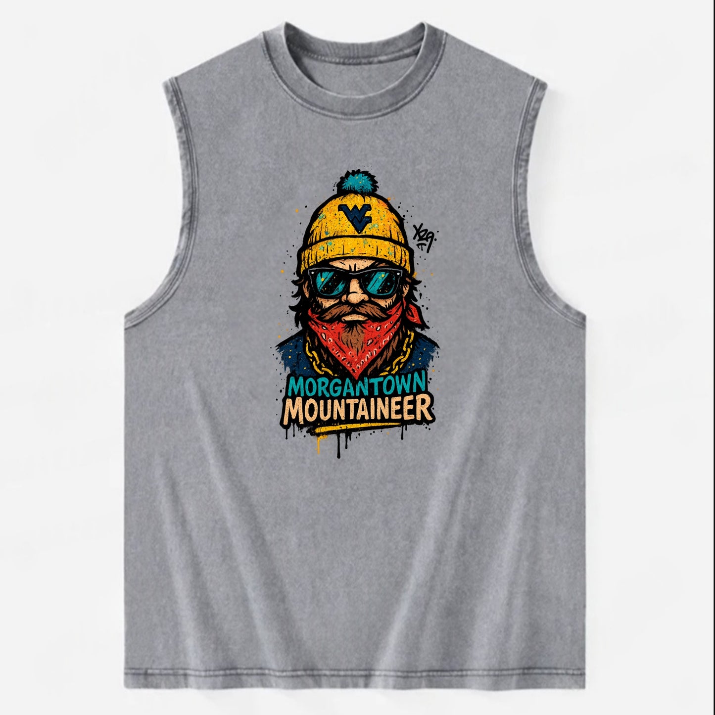 Morgantown Mountaineer wearing West Virginia beanie with WV patch - Vintage Washed Tank - Grey