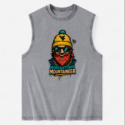 Morgantown Mountaineer wearing West Virginia beanie with WV patch - Vintage Washed Tank - Grey