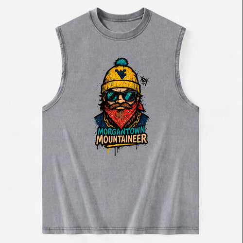 Morgantown Mountaineer wearing West Virginia beanie with WV patch - Vintage Washed Tank