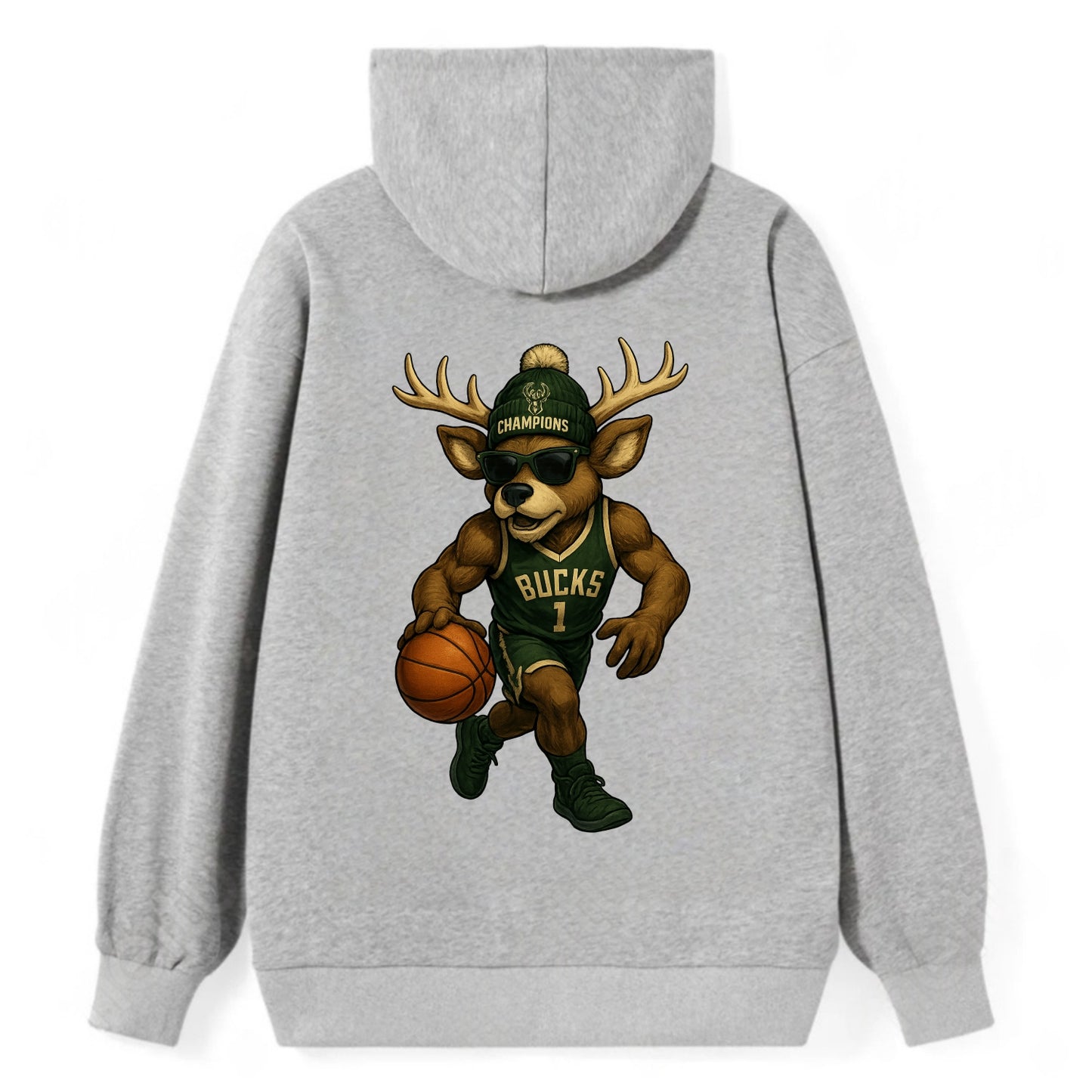 Milwaukee Buck Deer wearing Bucks green and cream beanie with antlers and - Classic Pullover Hoodie - Grey