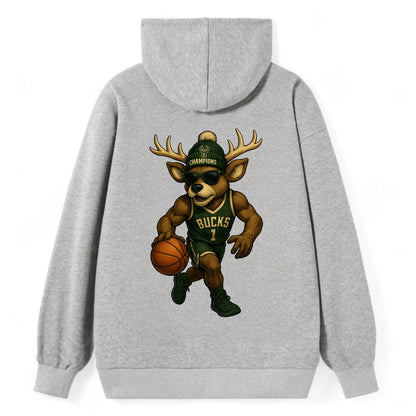 Milwaukee Buck Deer wearing Bucks green and cream beanie with antlers and - Classic Pullover Hoodie - Grey