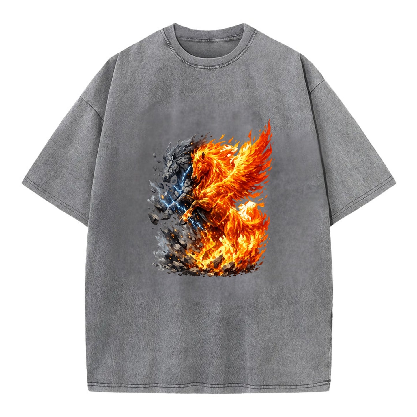 THUNDER FIRE | Horse combining lightning and flame | Electric fire | Storm energy - Vintage T-shirt - Grey