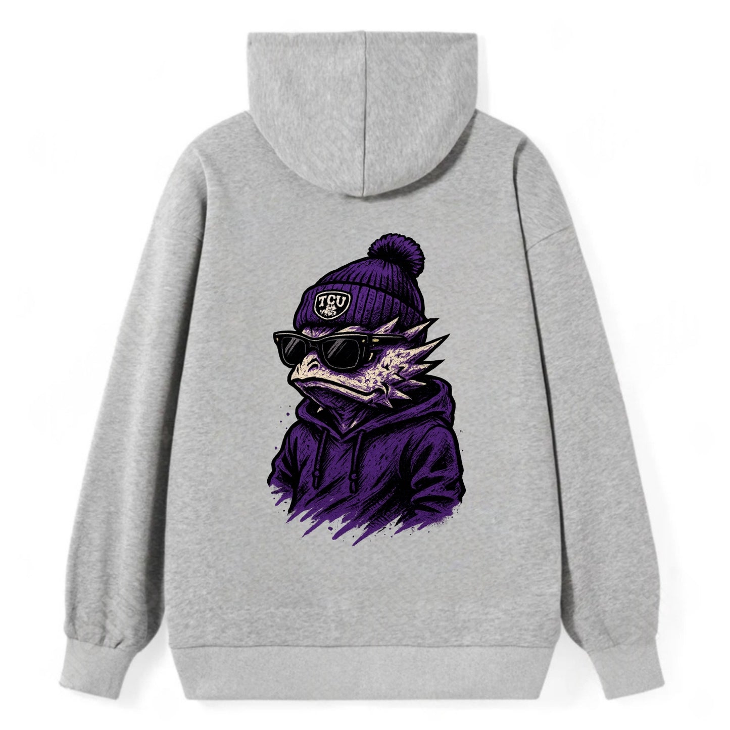 Fort Worth Horned Frog wearing TCU beanie with frog patch - Classic Pullover Hoodie - Grey
