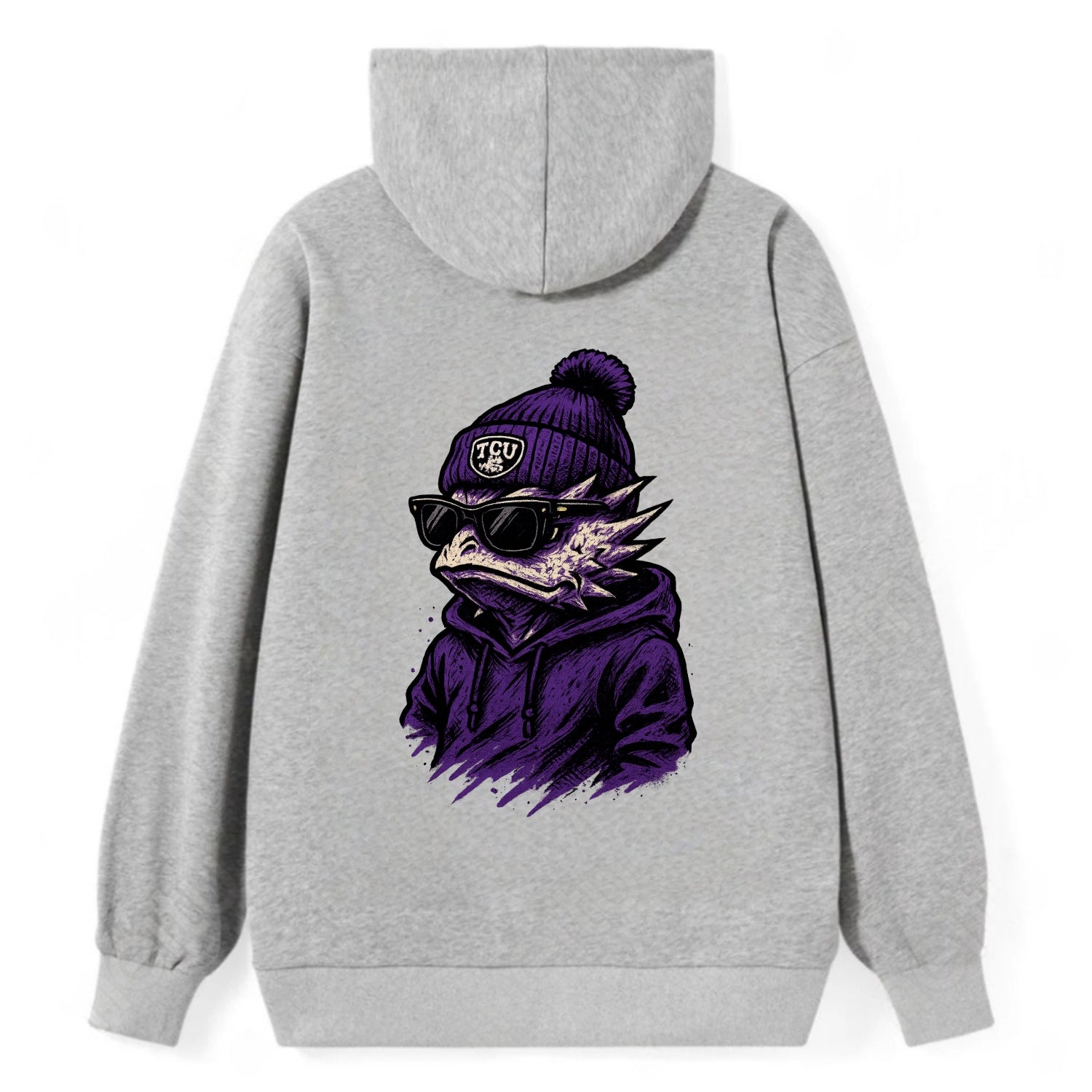 Fort Worth Horned Frog wearing TCU beanie with frog patch - Classic Pullover Hoodie - Grey