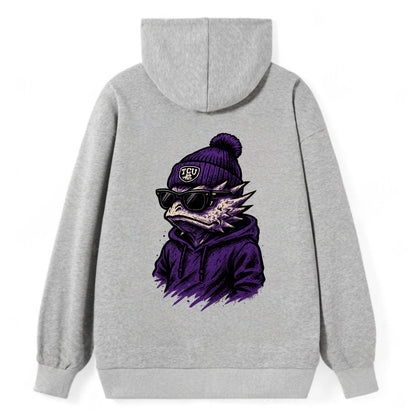 Fort Worth Horned Frog wearing TCU beanie with frog patch - Classic Pullover Hoodie - Grey