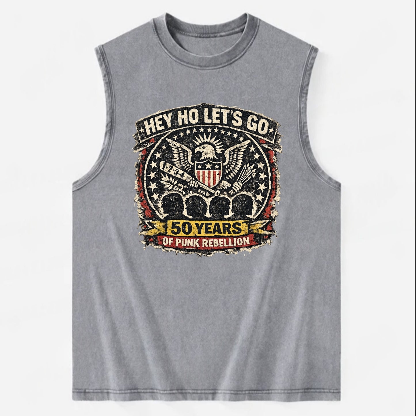 RAMONES LEGACY | Hey Ho Let's Go typography | Presidential seal parody | Four - Vintage Washed Tank - Grey