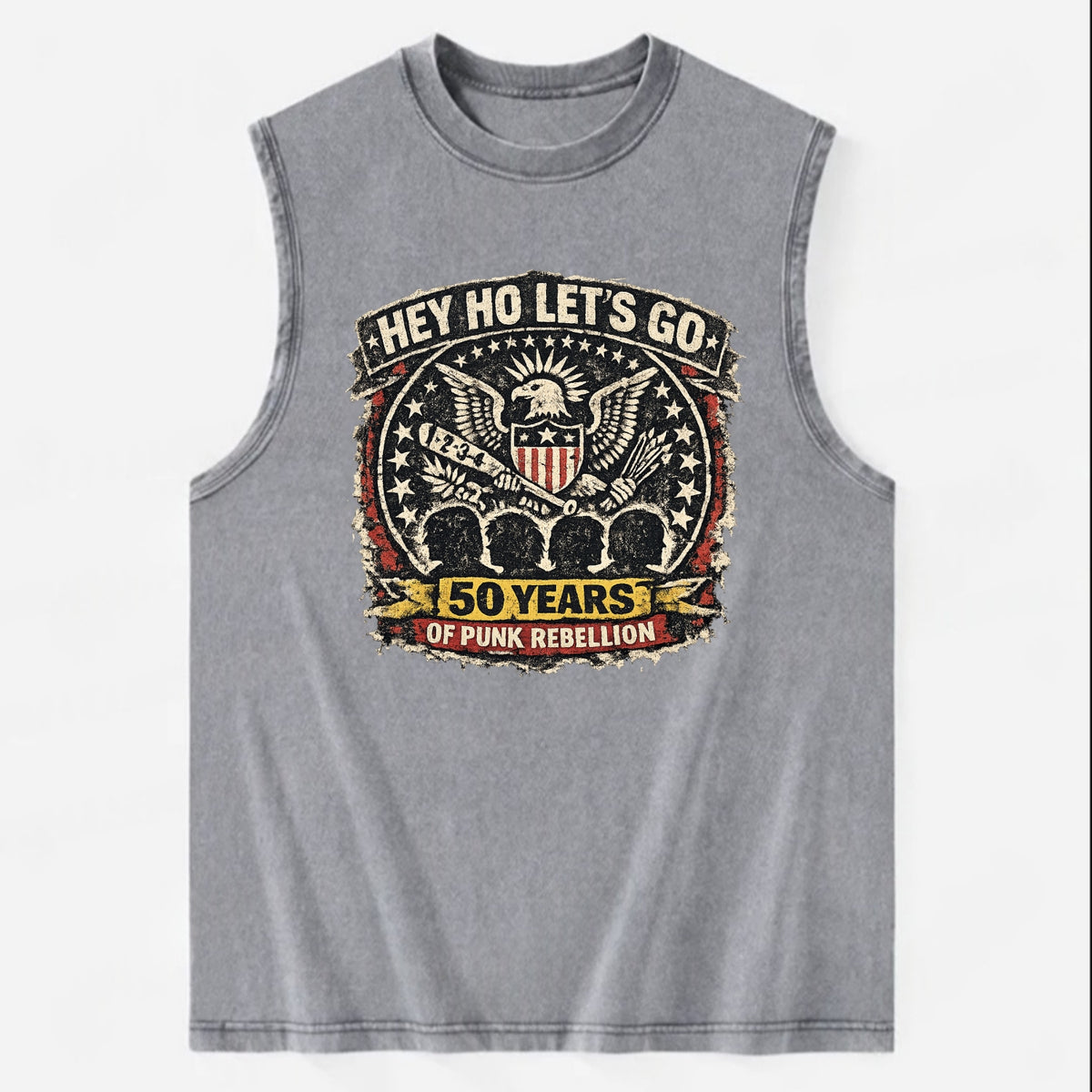 RAMONES LEGACY | Hey Ho Let's Go typography | Presidential seal parody | Four - Vintage Washed Tank - Grey