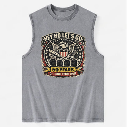 RAMONES LEGACY | Hey Ho Let's Go typography | Presidential seal parody | Four - Vintage Washed Tank - Grey
