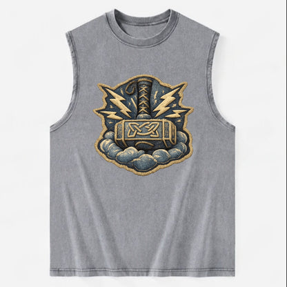 THOR HAMMER MJOLNIR - mighty hammer in silver and blue , thunder god - Vintage Washed Tank - Grey