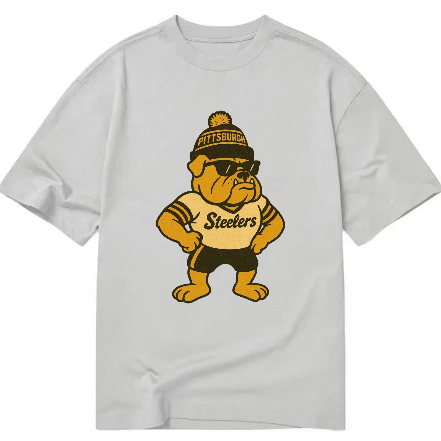 Pittsburgh Bulldog wearing Steelers black and gold beanie with pom pom and - Classic T-shirt - Grey