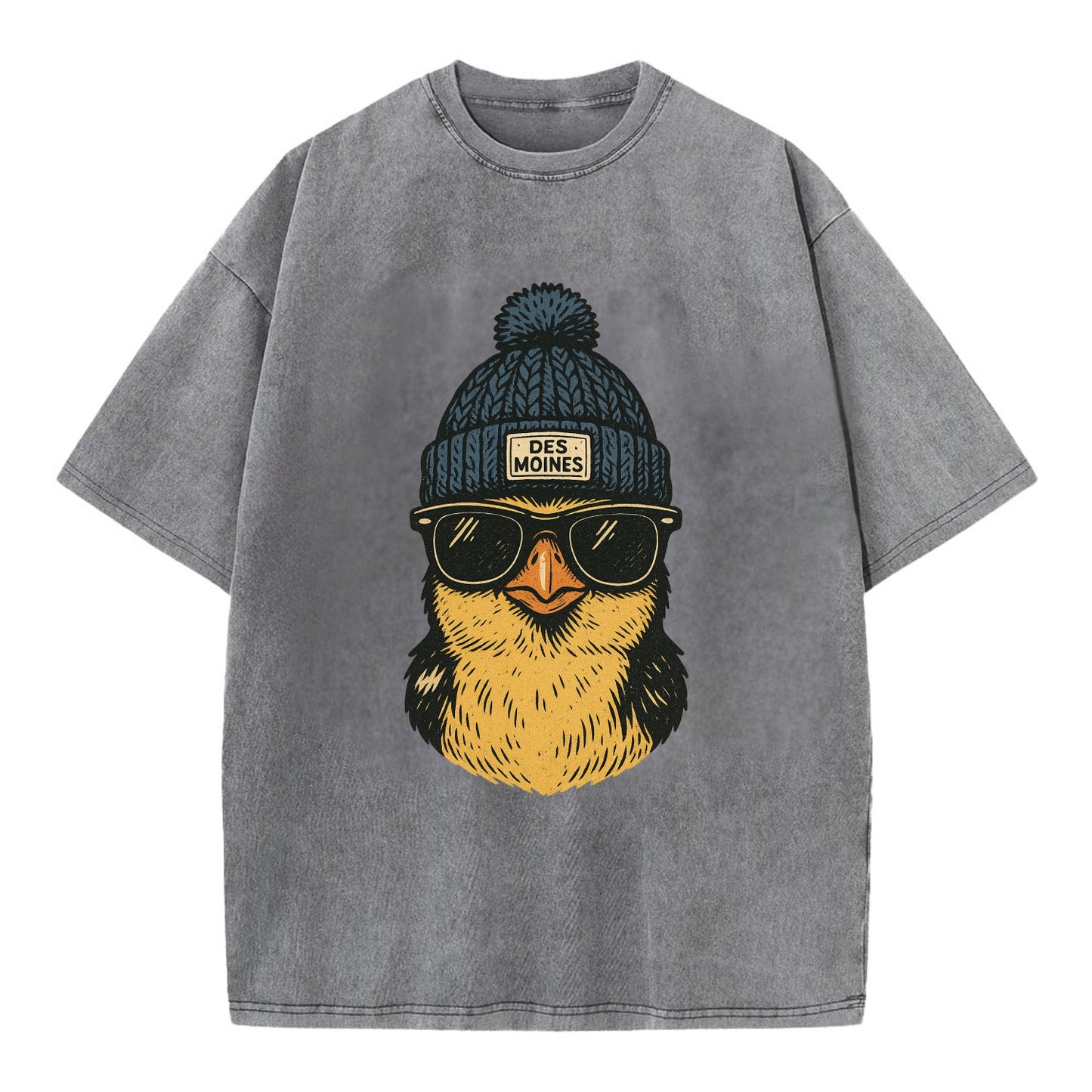 Iowa Goldfinch wearing Des Moines beanie with pom pom and wayfarer sunglasses - Vintage T-shirt - Grey