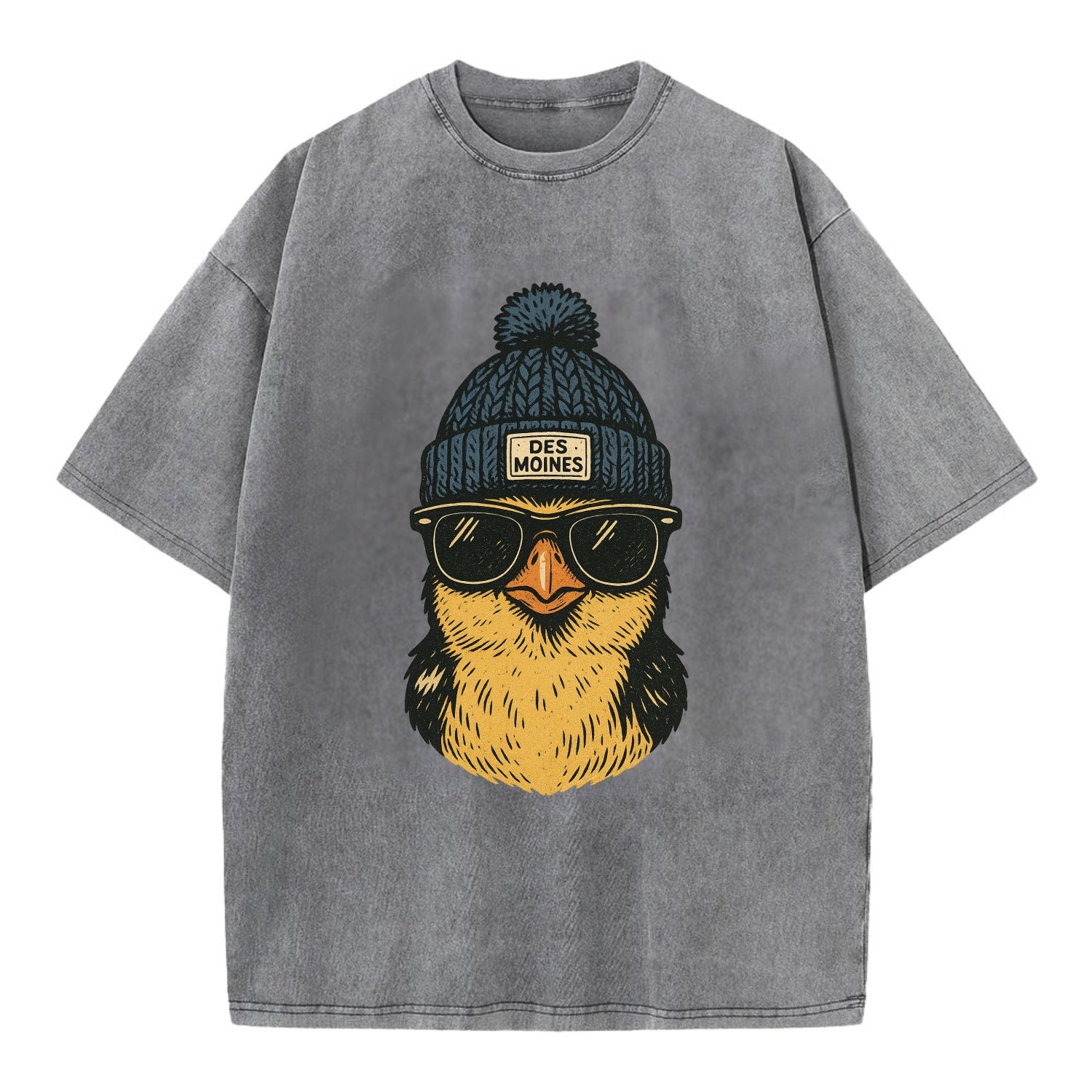 Iowa Goldfinch wearing Des Moines beanie with pom pom and wayfarer sunglasses - Vintage T-shirt - Grey