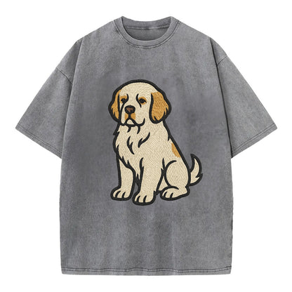 Clumber Spaniel - White with lemon markings embroidered pose - Vintage T-shirt - Grey