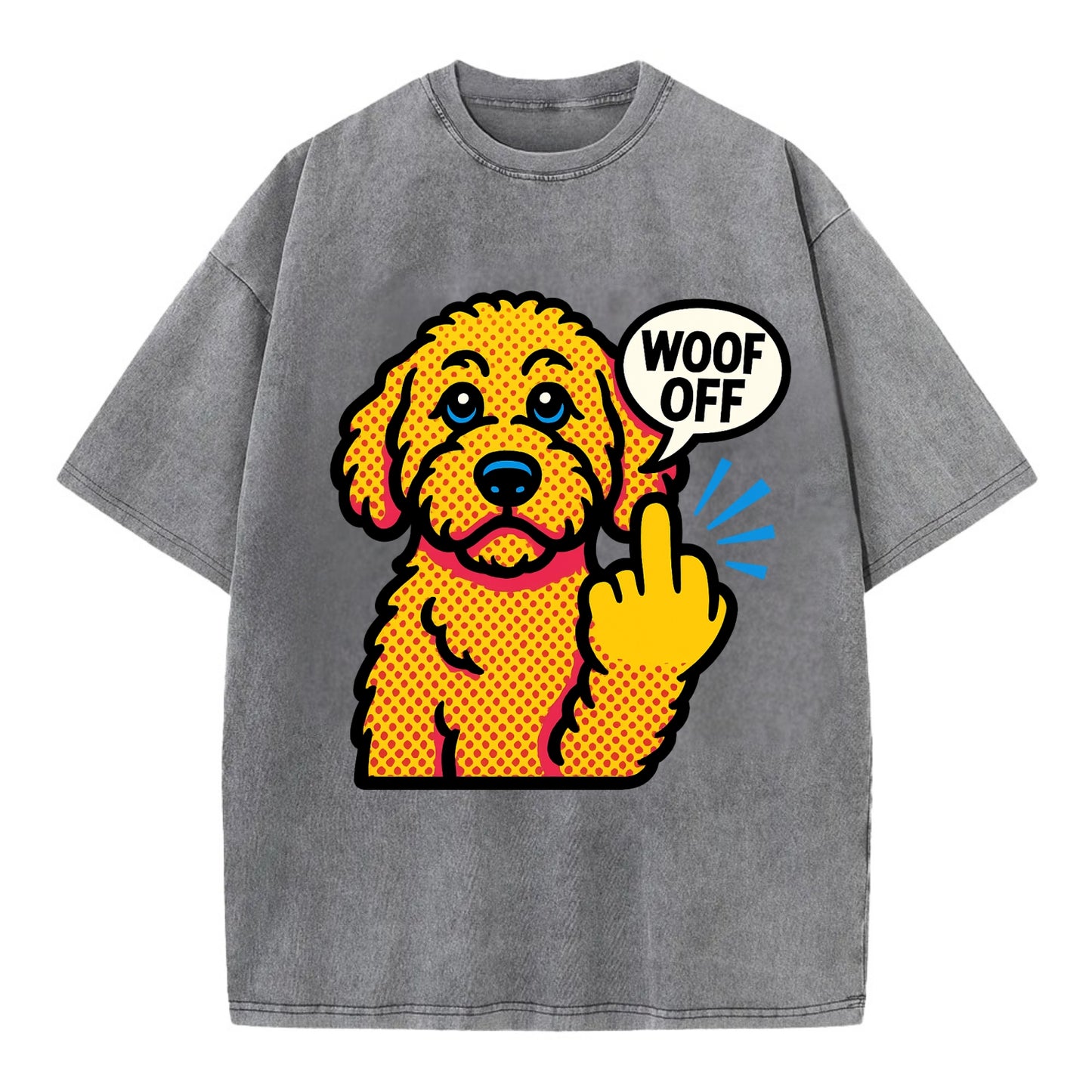 Goldendoodle with teddy bear face and curly golden coat, friendly paw flipping off - Vintage T-shirt - Grey