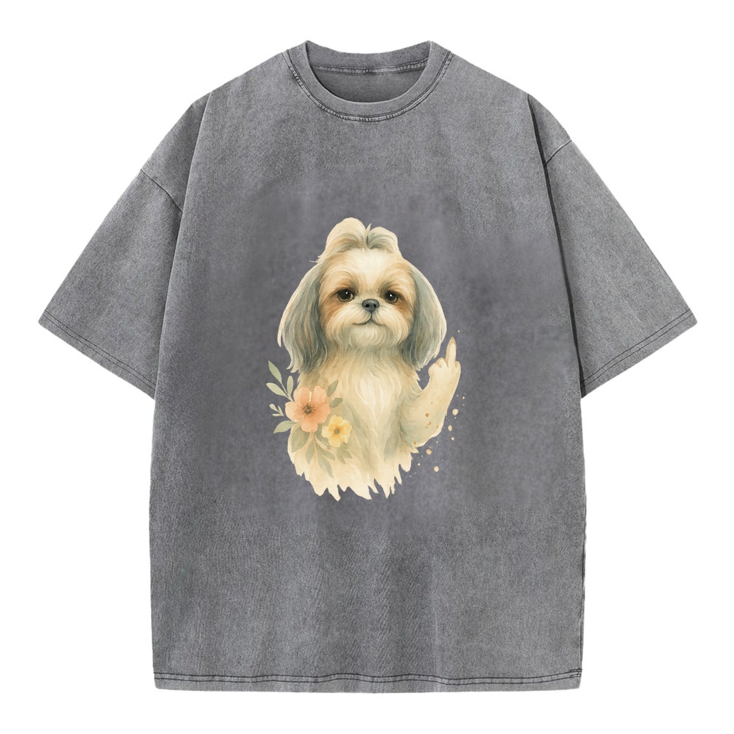 Shih Tzu with long flowing silky hair, tiny paw showing attitude - Vintage T-shirt - Grey