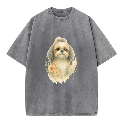 Shih Tzu with long flowing silky hair, tiny paw showing attitude - Vintage T-shirt - Grey
