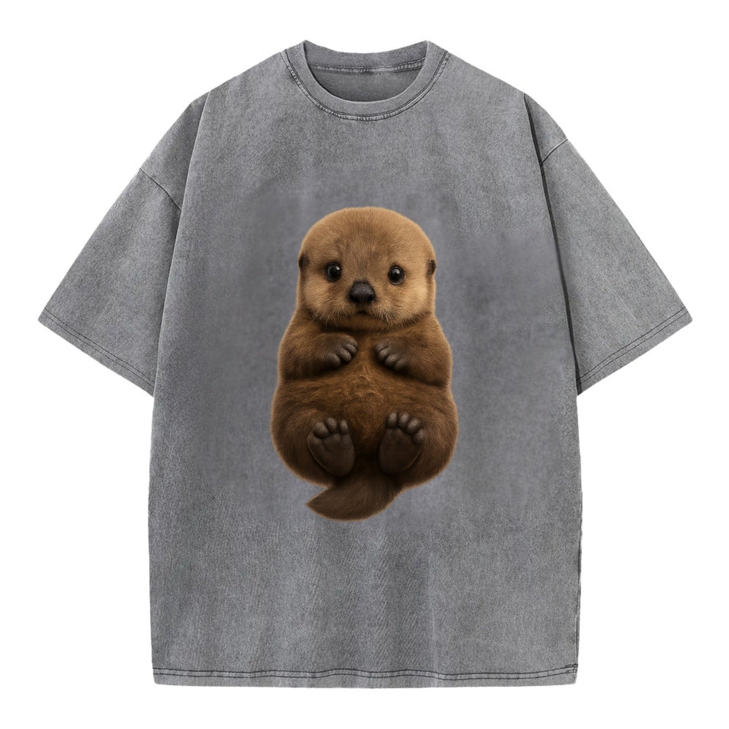 Baby Sea Otter - brown fluffy, floating on back, tiny paws, bright eyes, - Vintage T-shirt - Grey
