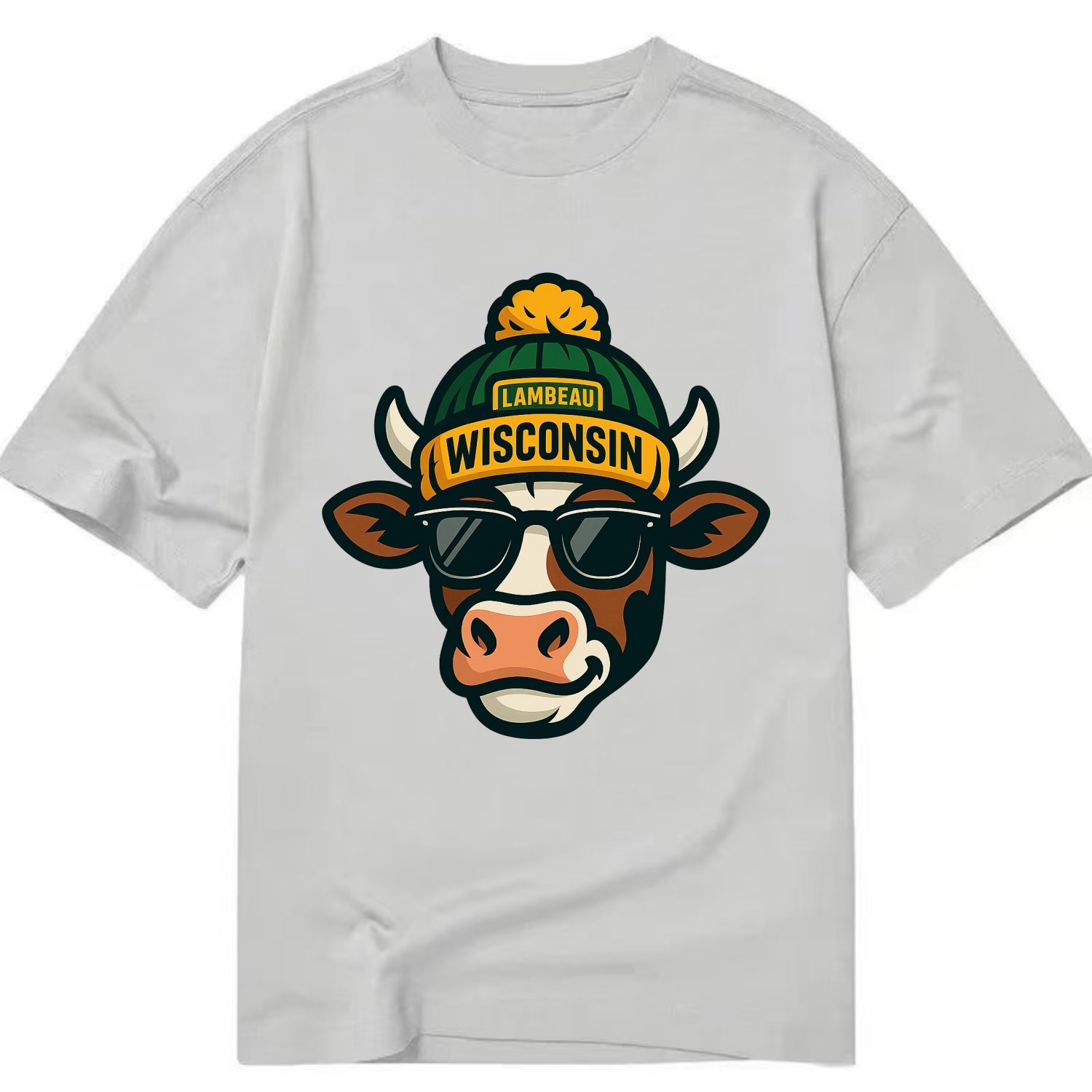 Wisconsin Cow wearing Packers beanie with Lambeau patch and wayfarer sunglasses - Classic T-shirt - Grey