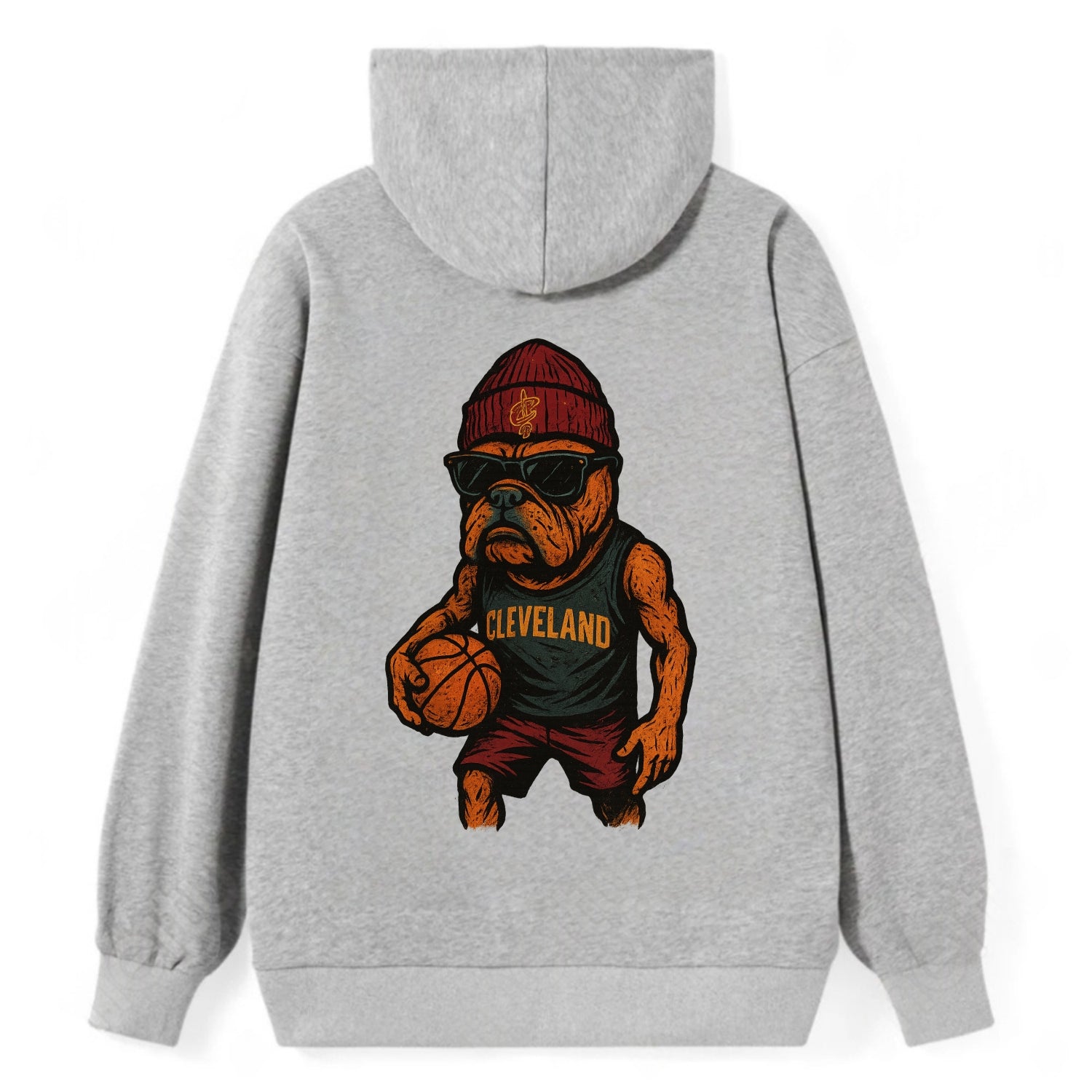 Cleveland Bulldog wearing Cavaliers wine and gold beanie with sword patch - Classic Pullover Hoodie - Grey
