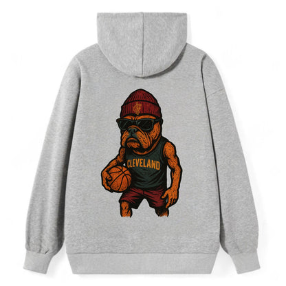 Cleveland Bulldog wearing Cavaliers wine and gold beanie with sword patch - Classic Pullover Hoodie - Grey