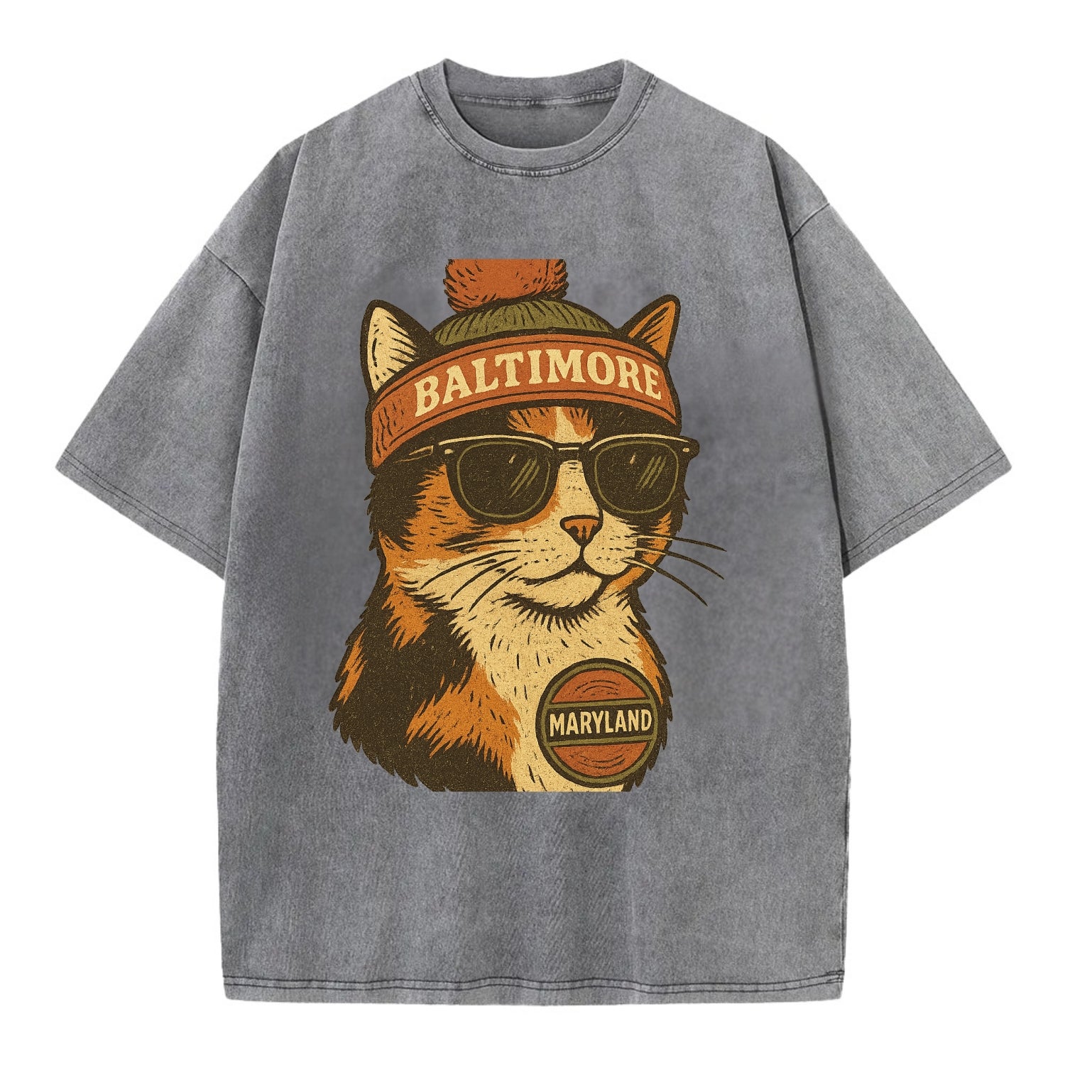 Maryland Calico Cat wearing Baltimore beanie with pom pom and wayfarer sunglasses - Vintage T-shirt - Grey