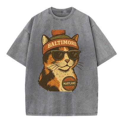 Maryland Calico Cat wearing Baltimore beanie with pom pom and wayfarer sunglasses - Vintage T-shirt - Grey