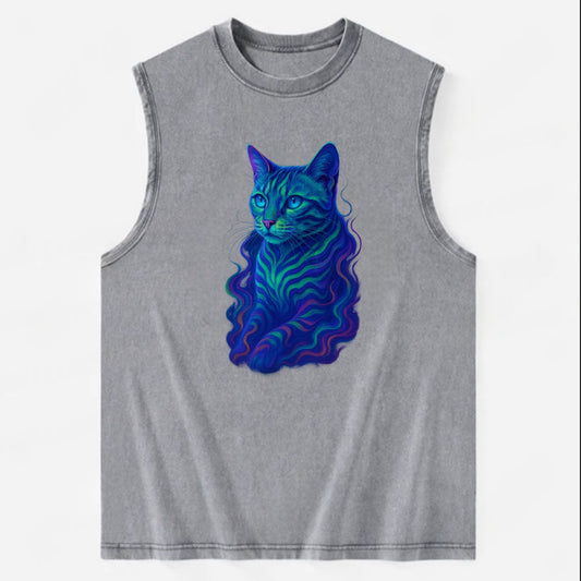 Exotic Bengal cat with aurora borealis colors flowing through its stripes, - Vintage Washed Tank - Grey