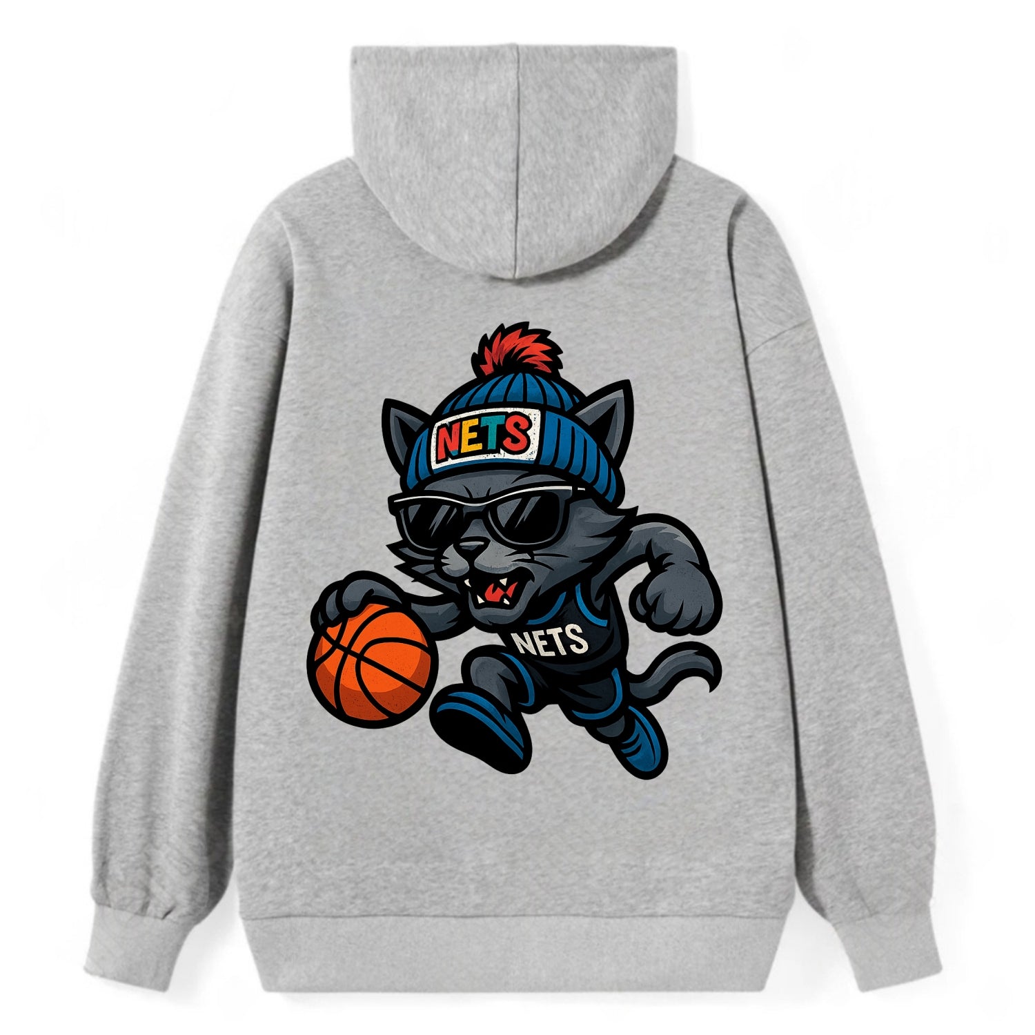 Brooklyn Cat wearing Nets beanie with street art patch and wayfarer - Classic Pullover Hoodie - Grey