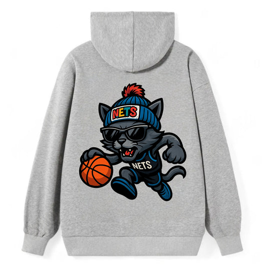 Brooklyn Cat wearing Nets beanie with street art patch and wayfarer - Classic Pullover Hoodie - Grey