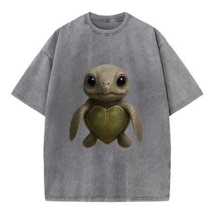 Baby Olive Ridley Turtle - olive green shell, heart-shaped carapace, bright eyes, - Vintage T-shirt - Grey