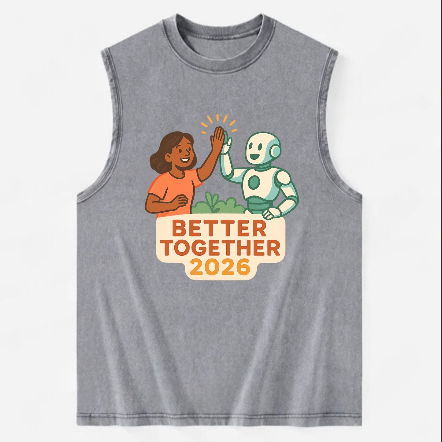 Human and AI robot high-fiving as collaborative partners - "Better Together - Vintage Washed Tank - Grey