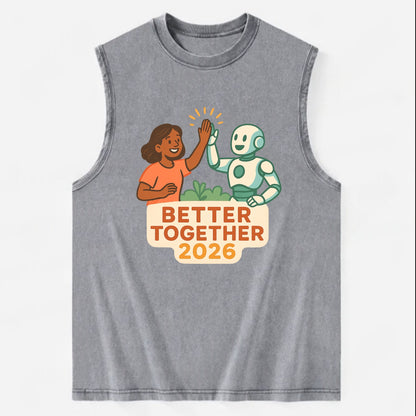 Human and AI robot high-fiving as collaborative partners - "Better Together - Vintage Washed Tank - Grey