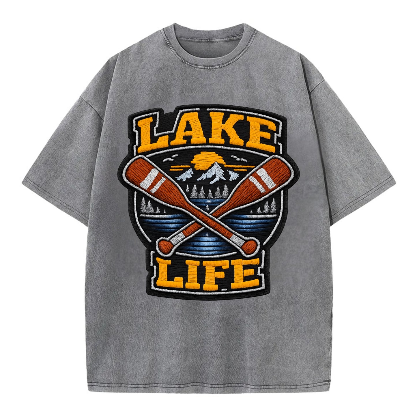 CANOE PADDLE - wooden paddle crossed in brown and cream , lake life - Vintage T-shirt - Grey